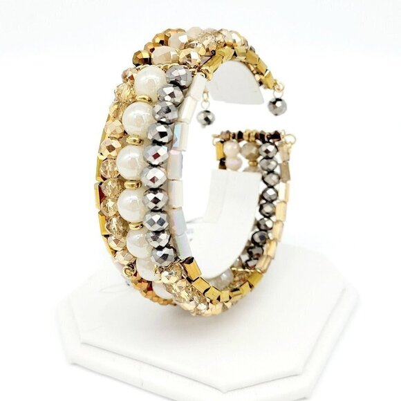 INC 5 Strand Open Memory Wire Bracelet Faceted Crystals Gold & Neutral Tones NWT - Picture 3 of 10